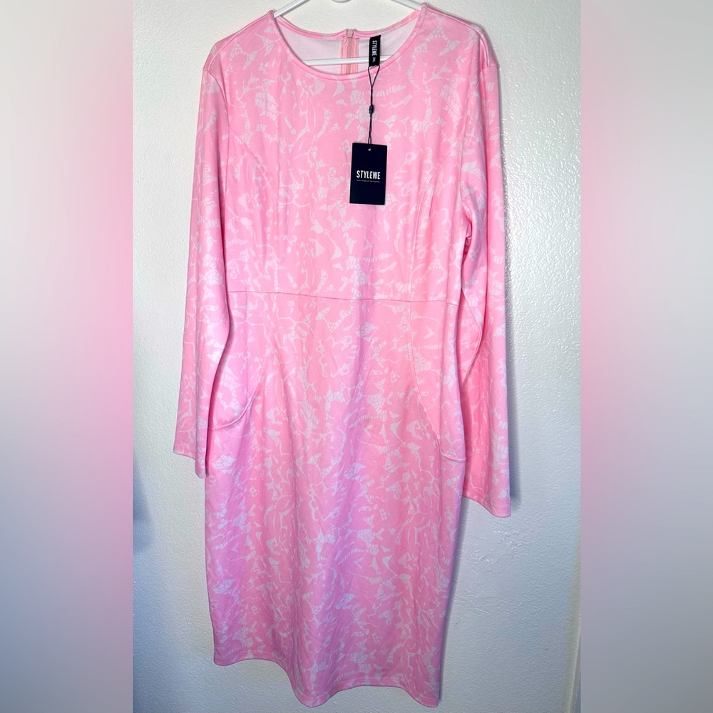 STYLEWE Long Sleeve Midi Dress Crew Neck Pink and White Women Size 2XL